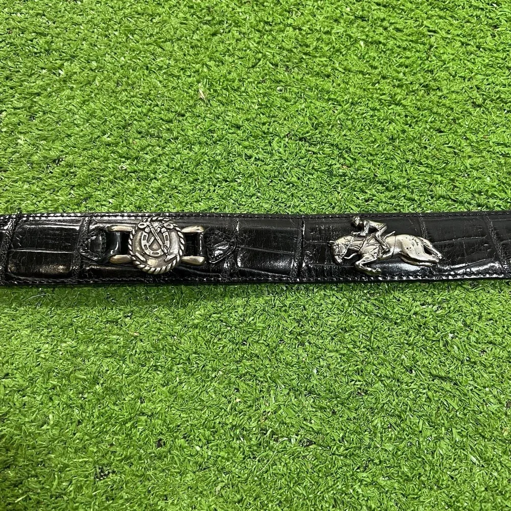Vintage Brighton Belt SM Black Horse Polo Medallion Accent Embossed Leather 1996
